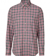 Classic red and black twill custom fit shirt - This slim tailored button down is a great modern take on the classic dress shirt - On-trend plaid pattern with small polo logo on chest - Pair with slim trousers, a blazer, and motorcycle boots for grunge-meets-preppy - Try with jeans and a chunky wool cardigan