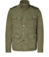 Stylish jacket in fine, olive cotton stretch blend - A softer, lighter weight take on the classic military parka - Stand-up collar, epaulets and full-length button placket - Oversize flap pockets at chest and hips - Chic and utilitarian, a perfect blend of rugged and refined - Pair with jeans, chinos, or casual trousers