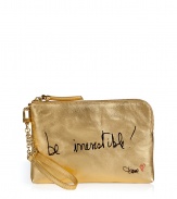 With a wise phrase embossed on the front, this metallic leather wristlet from Diane von Furstenberg takes your look to new stylish heights - Top zip closure, front slogan and logo detail, removable chain detailed wristlet strap, inside back wall card slots - Perfect for daily use or as a thoughtful gift