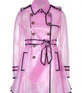 Stay stylish in the rain with a kick of sartorial sass in Valentino R.E.Ds clear petunia raincoat, detailed with black trim and a fun flounce for playfully chic results we love! - Classic trench styling, double-breasted button-down front, transparent - Fitted and flared silhouette - Pair with a bright umbrella and high-heel rain boots
