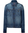 Super stylish Folsom Edison western denim jacket from True Religion - Channel vintage cool in this stylishly faded jean jacket - Retro-inspired western style, button-up front closure, slim fit -Small collar and flap pockets on chest - Wear with slim trousers, a worn-in t-shirt, and motorcycle boots