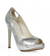 Get the look of the moment in these luxe metallic peep-toe python pumps from Burak Uyan - Peep-toe, front platform, cut out detail at heel, ultra-high stiletto heel - Wear with a figure-hugging cocktail dress and a statement clutch