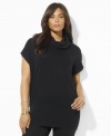 A modern jersey-knit plus size sweater silhouette is crafted with a funnel neckline and short dolman sleeves.