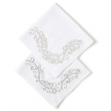 Add sophistication to any table setting with these white, gold, and silver table linens. Add sophistication to any table setting with these white, gold, and silver table linens.