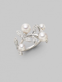 From the Olive Collection. A delicate bough of 18k gold, with diamond leaves and white Akoya pearl olives. 4.5mm-6.25mm white round cultured pearls Quality: A+ Diamonds, 0.21 tcw 18k white gold Imported From the Olive Collection. A delicate bough of 18k gold, with diamond leaves and white Akoya pearl olives. 4.5mm-6.25mm white round cultured pearls Quality: A+ Diamonds, 0.21 tcw 18k white gold Imported