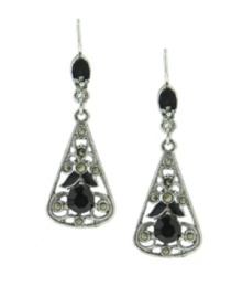 Featuring a unique lantern silhouette with intricate detailing, 2028's drop earrings are embellished with jet black enamel stones. Crafted in hematite tone mixed metal. Approximate drop: 2 inches.