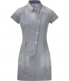 Modern dress in silver-gray stretch cotton - Chic, urban sophistication - Wearable denim with low maintenance care - Feminine cut, sexy mini length, narrowly tailored - With collar, diagonal button placket and short sleeves - Decorative zipper pockets and belt loops - Summer basic thats trendy but versatile - Try with comfortable wedge sandals or simple white canvas flats