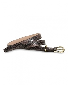 Make a like a glamour girl and cinch your waist with Cole Haan's skinny snake-embossed belt. Dressed up or down, this accessory tips the scales on sleek chic. Make a like a glamour girl and cinch your waist with Cole Haan's skinny snake-embossed belt. Dressed up or down, this accessory tips the scales on sleek chic.