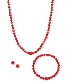 A fun update to your accessory collection, this matching set features a necklace, stretch bracelet and stud earrings crafted from coral quartz (6-8 mm) and crystal beads. Set in sterling silver. Approximate length (necklace): 18 inches. Approximate length (bracelet): 7 inches. Approximate diameter: 1/3 inch.