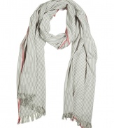 Stylish scarf in fine, pure cream cotton - Elegant, all-over navy stripe motif, red stripe detail at border - Supremely soft, lightweight fabric - Delicate fringe at hem - Generously proportioned, drapes beautifully - A colorful compliment to any number of streamlined styles - Pair with a t-shirt and blazer, a pullover and chinos or jeans and a henley