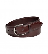 Rich, brown leather belt - Classic medium-width shape with oval silver-tone buckle - Beautifully crafted - Must-have basic accessory that fits with all pants - Dress with suit pants, jeans, shorts or chinos