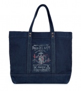 Blue, denim-style canvas tote from iconic American designer Ralph Lauren - Vintage-inspired logo and copper-colored rivits - Large and spacious with two carrying handles, its the perfect companion for shopping, travel or study