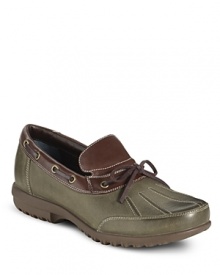 A play on the prep classic camp moc: Slip-on in waterproof leather upper with leather lining. A play on the prep classic camp moc: Slip-on in waterproof leather upper with leather lining.
