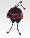 A smart lambswool hat with pom-poms, contrast stripes, and ear flaps to keep you warm.Tasseled pom-pom detailEar-flapsFittedRibbed hemLambswoolDry cleanImported