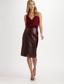 A pencil style with a front and black pleat in supple leather. Darts Back zip closure Front and back pleated vent Fully lined About 26½ from natural waist Lambskin leather Dry clean Imported Model shown is 5'10 (177cm) wearing US size 4. A pencil style with a front and black pleat in supple leather. Darts Back zip closure Front and back pleated vent Fully lined About 26½ from natural waist Lambskin leather Dry clean Imported Model shown is 5'10 (177cm) wearing US size 4.