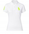 Detailed in breathable cotton mesh, Ralph Laurens neon detailed big pony polo is a cool modern take on this iconic style - Small collar, button placket, short sleeves, oversized neon yellow embroidered polo player at chest and number patch on sleeve, slit sides, high-low hemline - Classic slim fit - Wear with your favorite jeans and just as bright loafers