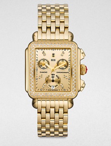 From the Deco Collection. Dazzling diamonds give this shiny goldplated stainless steel timepiece an extra boost of brilliance. Swiss quartz movementWater resistant to 5 ATMRectangular 18k goldplated stainless steel case, 33mm (1.3) X 35mm (1.4)Diamond accented bezel and markers, .66 tcwGoldtone chronograph dialDate display at 6 o'clockSecond hand 18k goldplated stainless steel link bracelet, 18mm wide (0.7)Imported