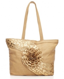 Be noticed: this boldly chic purse showcases a plushly petaled handwoven rose rising in a swirling burst and ramps up the drama with a goldtone leopard print. Be noticed: this boldly chic purse showcases a plushly petaled handwoven rose rising in a swirling burst and ramps up the drama with a goldtone leopard print.