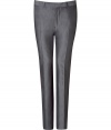 Elegant pants in fine, silver grey cotton and silk blend - Sleek, lightweight material has a subtle sheen and drapes beautifully - Modern silhouette is slim and straight - Crease detail from thigh to hem flatters and elongates the leg - Tab waist with belt loops - Pockets at sides and welt pockets at rear - Polished and versatile, ideal for both work and play - Pair with a button down, a cashmere pullover or a t-shirt and blazer