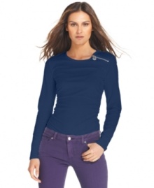 MICHAEL Michael Kors adds a logo zipper to the left shoulder of this petite top for a shot of luxe! Pair with colored denim for an on-trend ensemble. MICHAEL Michael Kors adds a logo zipper to the left shoulder of this petite top for a shot of luxe! Pair with colored denim for an on-trend ensemble.