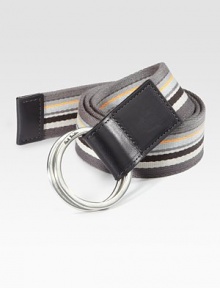 An eye-catching design of bold, multi-striped canvas and leather.PolyesterAbout 1½ wideImported An eye-catching design of bold, multi-striped canvas and leather.PolyesterAbout 1½ wideImported