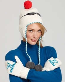 Channel your inner snow bunny in a knit ski hat with intarsia cat eye sunglasses on front and pom-pon embellished braid ties.