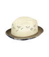 Stylish sand woven straw hat - A modern spin on the classic Trilby - Chic contrast canvas brim - Navy and white floral underside trim - An elegant, go-to accessory this season and an indispensable warm weather must