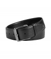 Cinch your look in style with this rugged-yet-luxe leather belt from Belstaff - Silver-tone buckle, textured leather, decorative rivet detail - Style with jeans, chinos, or slim trousers