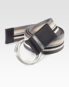 An eye-catching design of bold, multi-striped canvas and leather.PolyesterAbout 1½ wideImported