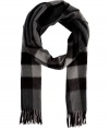 Give your look that cool modern edge with Burberry Londons dark charcoal checked scarf, detailed in brushed cashmere for luxuriously cozy results - Fringing at both ends - Wear inside over bright knit sweaters, or outdoors over sleek leather jackets