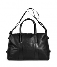 Jet-set in streamlined style with this supple leather carryall from cult-favorite accessory label Maison Martin Margiela - Large rectangular shape, top carrying handles and convertible shoulder strap, top dual-zip closure, stylishly distressed leather - Perfect for a weekend jaunt, a business trip, or an international excursion