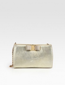A signature bow is the perfect finishing touch to this compact design, crafted from shimmering Italian patent leather. Removable chain shoulder strap, 8¼ dropClasp closureOne inside open pocketLogo-printed lining7¾W X 4½H X 2DMade in Italy A signature bow is the perfect finishing touch to this compact design, crafted from shimmering Italian patent leather. Removable chain shoulder strap, 8¼ dropClasp closureOne inside open pocketLogo-printed lining7¾W X 4½H X 2DMade in Italy