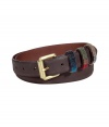 Stylish belt made ​.​.of fine, dark brown leather - Medium width in cool, classic shape - Features slightly bevelled buckle and decorative, colorful beading - Hit accessory dresses up casual styles with jeans, chino or corduroy pants