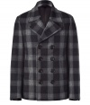 Cool & masculine - Stylish pea coat jacket in a black wool and cashmere blend - With a modern double breasted button placket and notch collar - Simple coolness with covered pockets on the sides - Stylish check - Pair with jeans and a cashmere pullover or grey wool pants and a white shirt