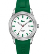 The premier in modern prep, Lacoste introduces this refined casual men's watch in signature white and green. Green rubber strap. Silvertone stainless steel round case and round white dial with logo and stick indices. Quartz movement. Water resistant to 50 meters. Two-year limited warranty.