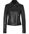 Luxe in leather with cool micro quilting, Theyskens Theorys jet black jacket counts as a must for urbane looks - Notched collar with off-center zipper, long sleeves, zippered cuffs with leather insert, zippered slash pockets, quilted side detail, micro quilted hemline - Close, cropped fit - Wear over everything from tees and jeans to sheath dresses and heels