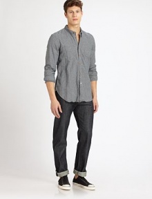 Classically styled button-down design has buttoned cuffs that can be rolled and worn as three-quarter sleeves. Point collarFront patch pocketsButton frontLong sleevesButtoned cuffs50% cotton/50% linenMachine washImported Classically styled button-down design has buttoned cuffs that can be rolled and worn as three-quarter sleeves. Point collarFront patch pocketsButton frontLong sleevesButtoned cuffs50% cotton/50% linenMachine washImported