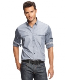 Are you armed with fresh style? This shirt from INC International Concepts ensures a fresh take on traditional shirting style with sleeve patterning and pocket details.