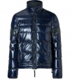 A sleek patina and cool contrast paneling lend this Duvetica down jacket its sporty and stylish edge - Wind- and water-resistant dark blue and black polyamide, two-way front zip, stand-up collar with snap closures, side slit pockets - Straight cut fits close to the body for extra warmth - Pair with jeans, chinos, cords and athletic pants