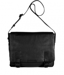 The perfectly cool finish to busy daytime looks, Marc by Marc Jacobs black leather messenger bag is a sleek choice for business and beyond - Adjustable shoulder strap, double buckled front straps with metal push closures, snapped back pocket, inside zippered and slot pockets, key clip - Sling across sporty winter coats, or wear over your shoulder with sharply tailored suits