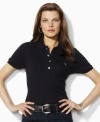 Designed for a trim, body-skimming fit in soft finely ribbed cotton, Lauren by Ralph Lauren's iconic polo shirt receives a chic update with gleaming silver-tone metal buttons.