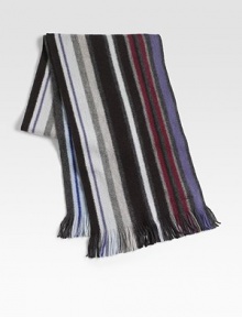 A variety of stripes lend color and character to this elegant winterwear staple woven from soft wool. Fringed ends 71 X 10 Wool Dry clean Imported A variety of stripes lend color and character to this elegant winterwear staple woven from soft wool. Fringed ends 71 X 10 Wool Dry clean Imported