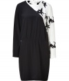 Work a cool optical edge into your outfit with Tibis monochrome print detailed silk dress - Round neckline, long sleeves, buttoned slit at nape, elasticized waist, hidden side zip - Softly tailored fit - Wear with booties and a sleek clutch for cocktails