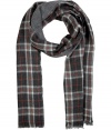 Forever-favorite plaid gets a kick of contemporary cool in Closeds cool orange accented scarf - Fringed edges, solid charcoal heather reverse - Team with modern coats and jet black leather gloves, or wear indoors over soft pullovers and everyday favorite slim legged trousers