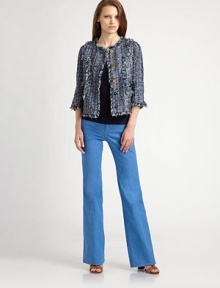 A highly, textured design with a subtle shine and frayed edge details. Jewel neckThree-quarter length sleeves with button cuffsFront button closurePrincess seamsFour front slash pocketsBack tab detailAbout 24 from shoulder to hem70% rayon/13% silk/7% cotton/6% nylon/4% other fibersDry cleanImported Model shown is 5'9½ (176cm) wearing US size 4.OUR FIT MODEL RECOMMENDS ordering true size. A highly, textured design with a subtle shine and frayed edge details. Jewel neckThree-quarter length sleeves with button cuffsFront button closurePrincess seamsFour front slash pocketsBack tab detailAbout 24 from shoulder to hem70% rayon/13% silk/7% cotton/6% nylon/4% other fibersDry cleanImported Model shown is 5'9½ (176cm) wearing US size 4.OUR FIT MODEL RECOMMENDS ordering true size.