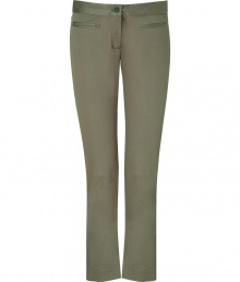 Elegant trousers in fine, pale khaki green stretch blend - Modern, slim silhouette bells gently at ankles, flattering the leg - Lower rise, with button closure and zip fly - Medium-width waistband and front welt pockets have a subtle sheen - casually elegant and ultra-versatile, seamlessly transitions form work to weekend - Dress up with a silk blouse and platform pumps or go for a more casual look with a t-shirt and leather sandals Elegant trousers in fine, pale khaki green stretch blend - Modern, slim silhouette bells gently at ankles, flattering the leg - Lower rise, with button closure and zip fly - Medium-width waistband and front welt pockets have a subtle sheen - casually elegant and ultra-versatile, seamlessly transitions form work to weekend - Dress up with a silk blouse and platform pumps or go for a more casual look with a t-shirt and leather sandals