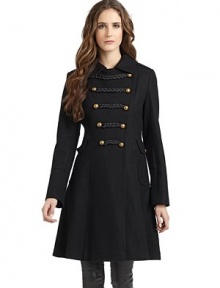 THE LOOKSpread collarDouble-breasted button frontWear with braided trim exposed or concealedEpaulettesLong sleevesDual front button flap pocketsPleated skirtBack button tab with braided trimTHE FITAbout 36 from shoulder to hemTHE MATERIALWool/polyesterFully linedCARE & ORIGINDry cleanImportedModel shown is 5'11 (180cm) wearing US size 4. THE LOOKSpread collarDouble-breasted button frontWear with braided trim exposed or concealedEpaulettesLong sleevesDual front button flap pocketsPleated skirtBack button tab with braided trimTHE FITAbout 36 from shoulder to hemTHE MATERIALWool/polyesterFully linedCARE & ORIGINDry cleanImportedModel shown is 5'11 (180cm) wearing US size 4.