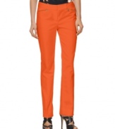 Add T Tahari's petite pants to your wardrobe rotation this season--their sleek, streamlined style and bold hue make them super stylish while zippered front pockets add a dash of edge.