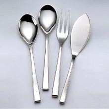 Nicola Flatware by Couzon features a heavy weight and contemporary curves for the modern table. The signature offset knife blade feels very natural in the hand. Perfectly balanced, superior 18/10 quality. Nicola Flatware by Couzon features a heavy weight and contemporary curves for the modern table. The signature offset knife blade feels very natural in the hand. Perfectly balanced, superior 18/10 quality.