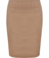 Stylish skirt in fine, pure creamy brown washed cotton - Elegant, slim pencil cut hits above the knee - Decorative seams at waist accentuate curves - Adjustable skinny belt and vent at rear - Zips at side - Streamlined and sophisticated, great for work or play - Pair with a silk blouse, button down or light cardigan and peep toe or platform pumps